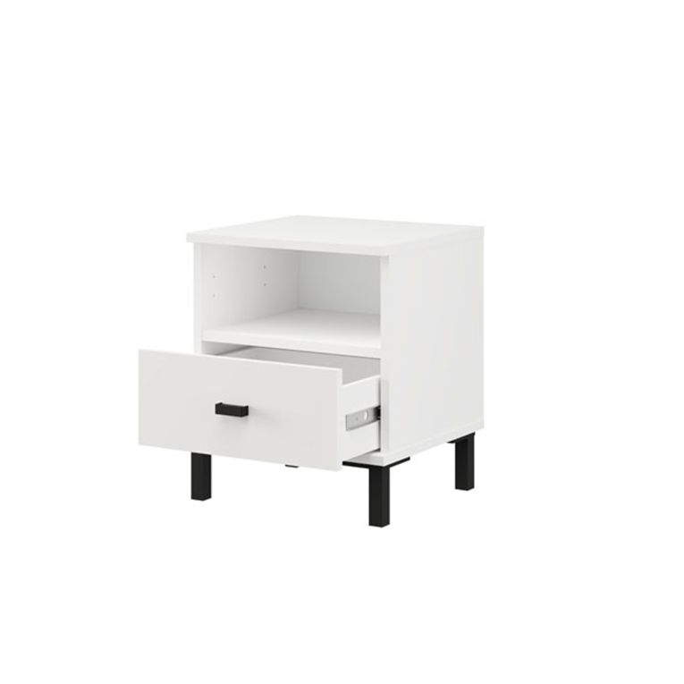 Comodino Bianco Opaco un Cassetto 2 Ripiani 39x35x45h cm, Apertura Scorrevole - Ghadam