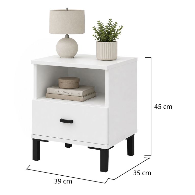 Comodino Bianco Opaco un Cassetto 2 Ripiani 39x35x45h cm, Apertura Scorrevole - Jinja