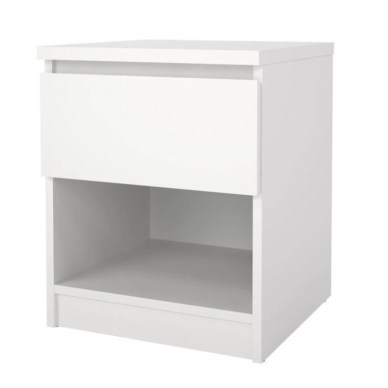 Comodino Bianco Opaco un Cassetto un Ripiano 40x40x50h cm, Apertura Scorrevole - Scolastica