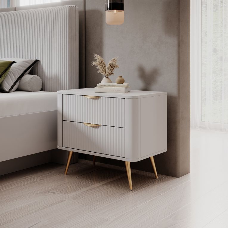 Comodino Bianco oro 2 Cassetti un Ripiano 63x38x55h cm, Apertura Scorrevole - Baari