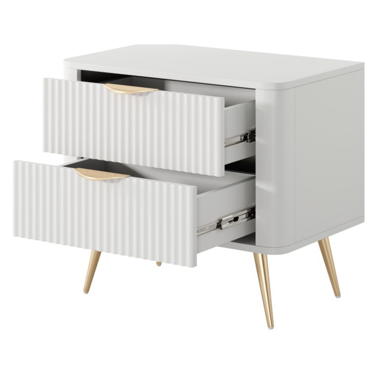 Comodino Bianco oro 2 Cassetti un Ripiano 63x38x55h cm, Apertura Scorrevole - Baari