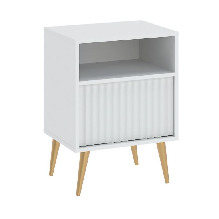 Comodino Bianco oro un Cassetto un Ripiano 47x40x61h cm, Apertura Scorrevole - Ledareno