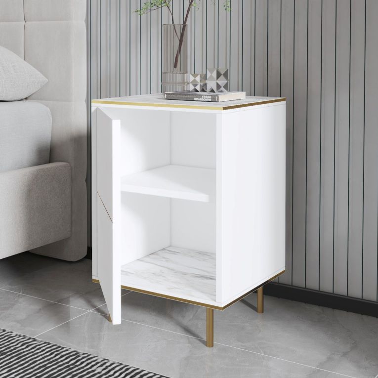 Comodino Bianco oro un Ripiano Apertura Battente 40x35x60h cm, Un'anta - Vestone