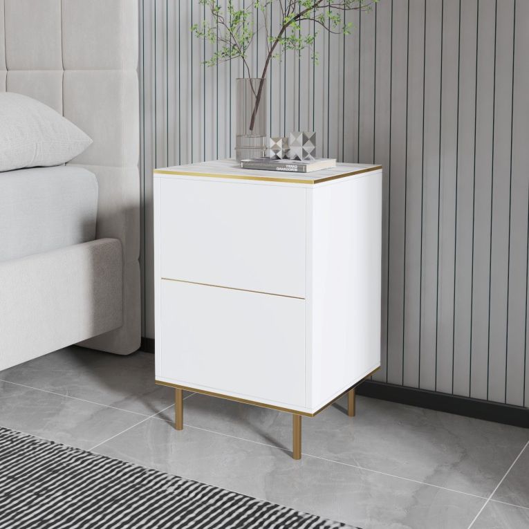 Comodino Bianco oro un Ripiano Apertura Battente 40x35x60h cm, Un'anta - Vestone
