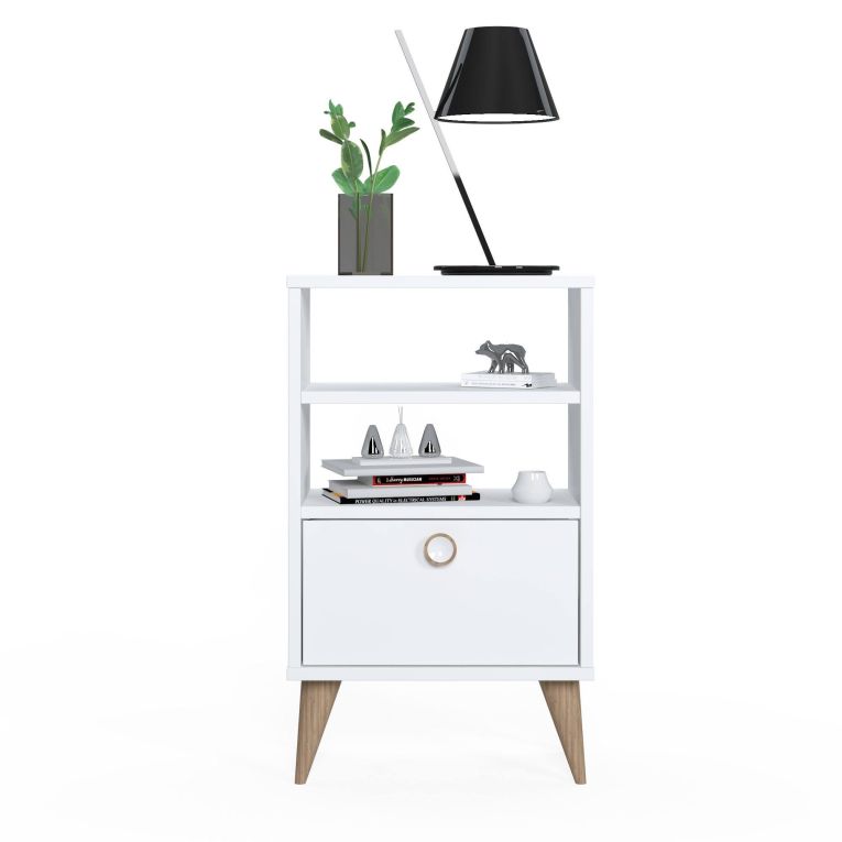 Comodino Bianco un Cassetto un Ripiano 45x74x25h cm, Apertura Scorrevole