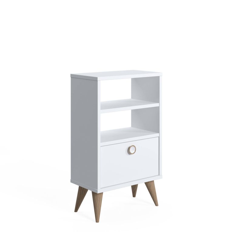 Comodino Bianco un Cassetto un Ripiano 45x74x25h cm, Apertura Scorrevole