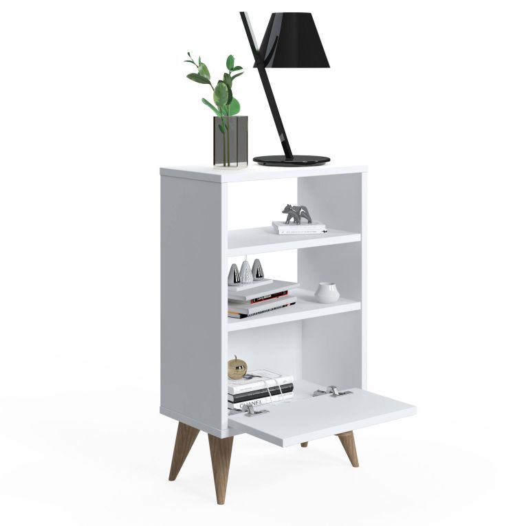 Comodino Bianco un Cassetto un Ripiano 45x74x25h cm, Apertura Scorrevole