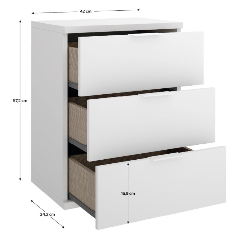 Comodino Bianco un Ripiano 3 Cassetti 34x42x57h cm, Apertura Scorrevole - Blythe