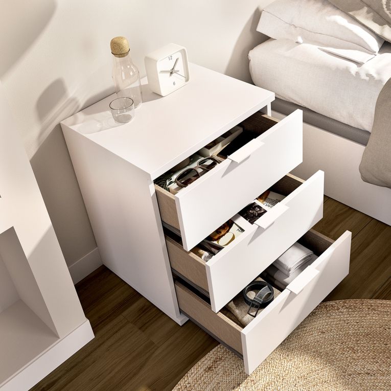 Comodino Bianco un Ripiano 3 Cassetti 34x42x57h cm, Apertura Scorrevole - Blythe