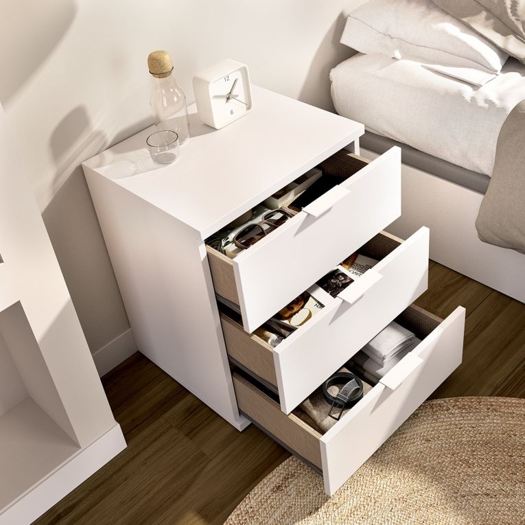 Comodino Bianco un Ripiano 3 Cassetti 34x42x57h cm, Apertura Scorrevole - Sturgis