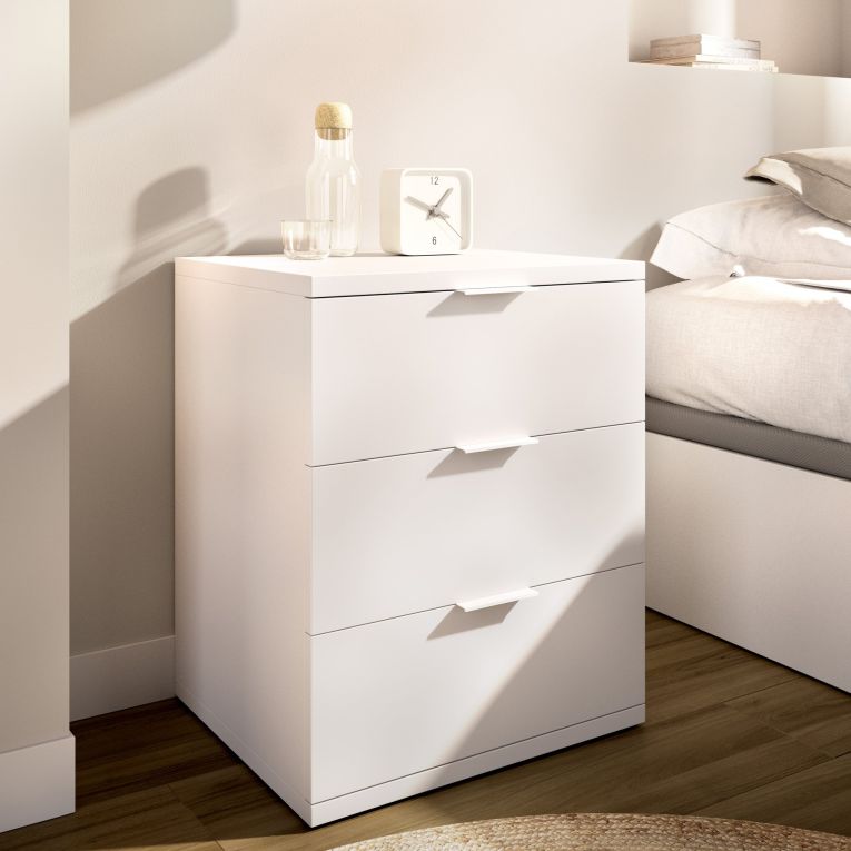 Comodino Bianco un Ripiano 3 Cassetti 34x42x57h cm, Apertura Scorrevole - Sturgis