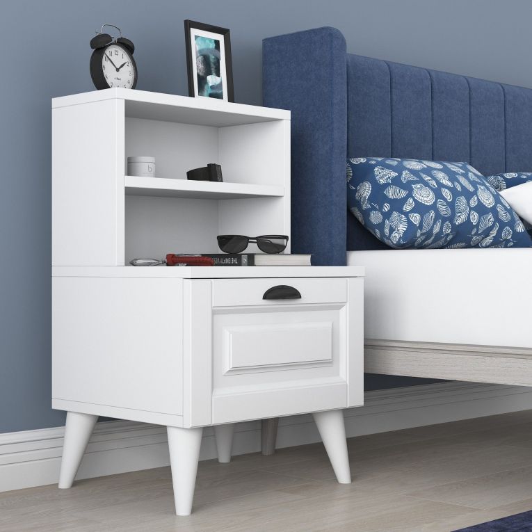 Comodino Bianco un Ripiano un Cassetto 45x40x74h cm, Apertura Scorrevole - Offagna