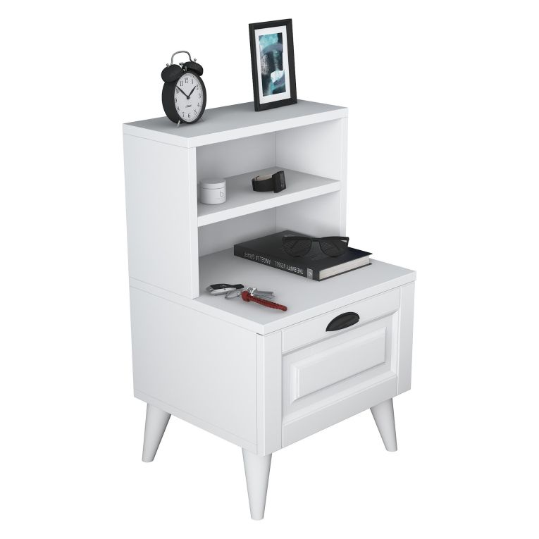 Comodino Bianco un Ripiano un Cassetto 45x40x74h cm, Apertura Scorrevole - Offagna