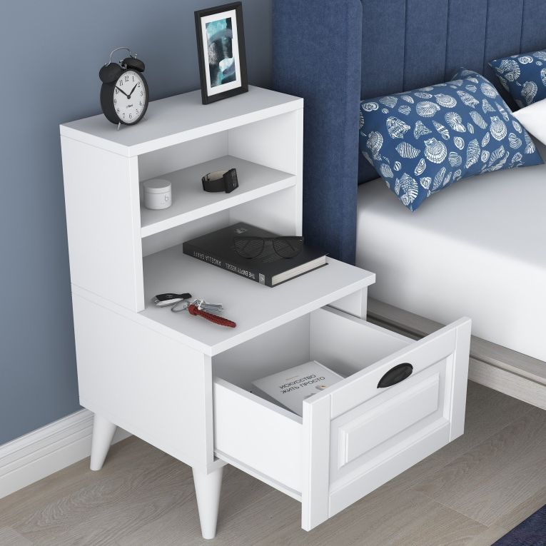 Comodino Bianco un Ripiano un Cassetto 45x40x74h cm, Apertura Scorrevole - Offagna