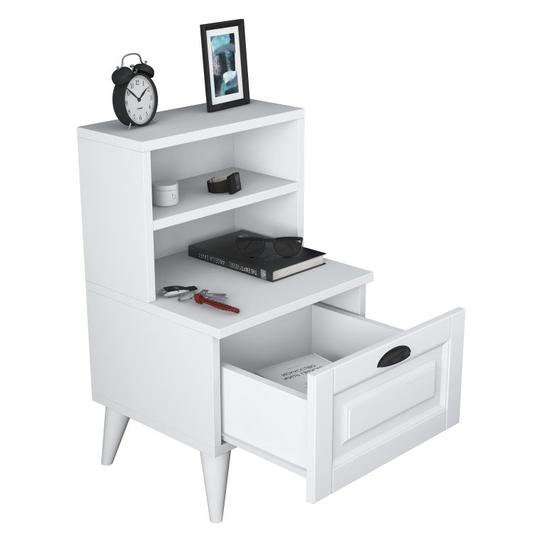 Comodino Bianco un Ripiano un Cassetto 45x40x74h cm, Apertura Scorrevole - Offagna
