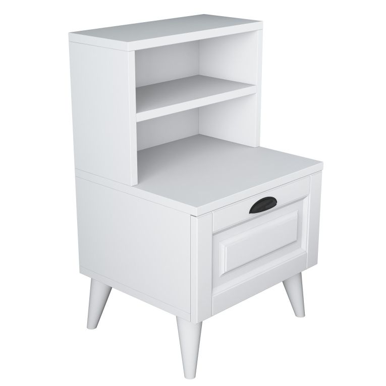 Comodino Bianco un Ripiano un Cassetto 45x40x74h cm, Apertura Scorrevole - Offagna