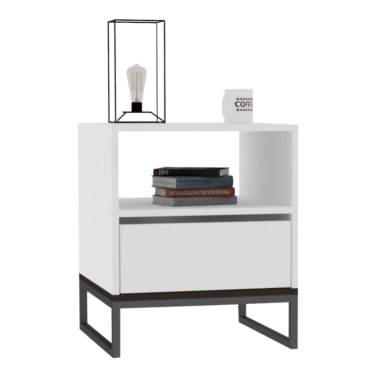 Comodino Bianco un Ripiano un Cassetto 51x51x61h cm, Apertura Scorrevole - Compatri