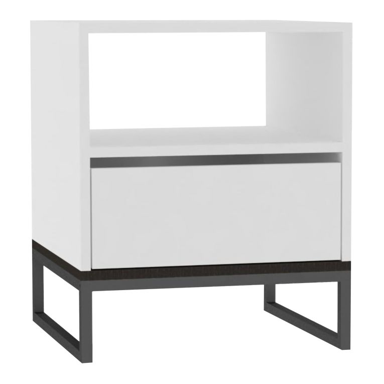 Comodino Bianco un Ripiano un Cassetto 51x51x61h cm, Apertura Scorrevole - Compatri