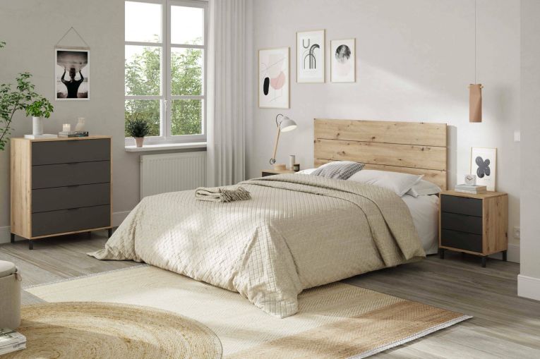 Comodino Birmingham, Set camera da letto, Testiera letto e 2 Comodini a 3 cassetti, 160x2 cm, Rovere effetto nodi e Antracite