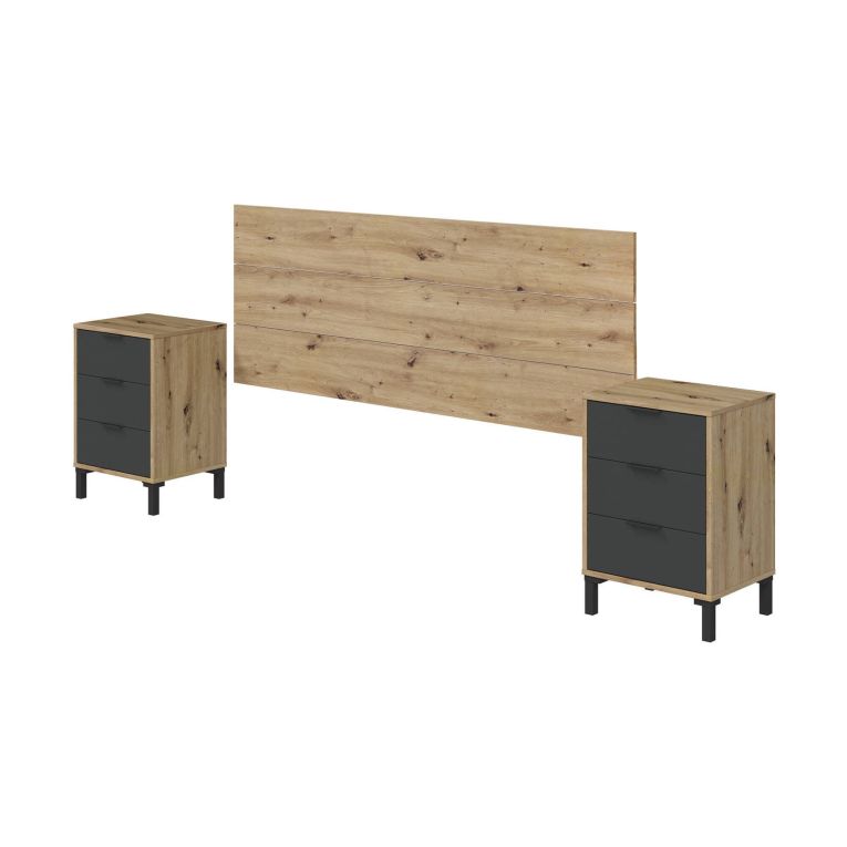 Comodino Birmingham, Set camera da letto, Testiera letto e 2 Comodini a 3 cassetti, 160x2 cm, Rovere effetto nodi e Antracite
