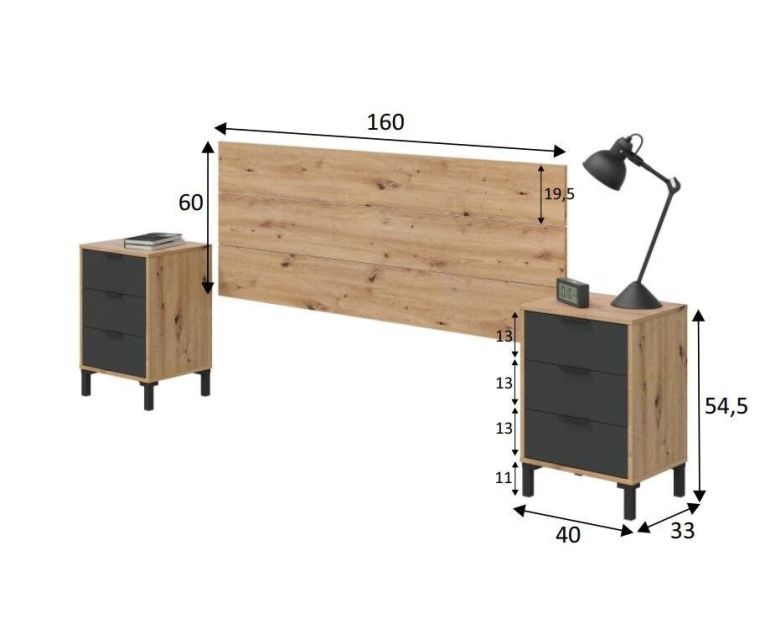 Comodino Birmingham, Set camera da letto, Testiera letto e 2 Comodini a 3 cassetti, 160x2 cm, Rovere effetto nodi e Antracite