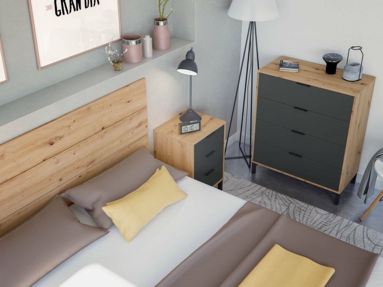 Comodino Birmingham, Set camera da letto, Testiera letto e 2 Comodini a 3 cassetti, 160x2 cm, Rovere effetto nodi e Antracite