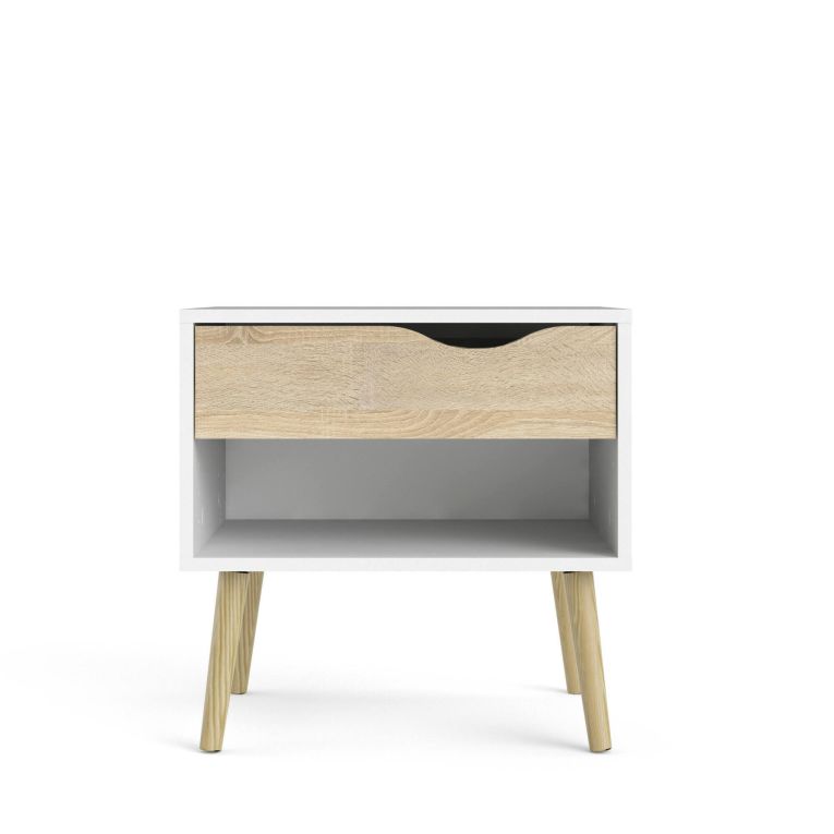 Comodino Carole, Comò basso, Tavolino da notte, Mensola da letto, 50x39 h49 cm, Bianco e Quercia