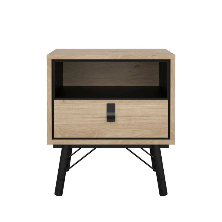 Comodino Christiane, Comò basso, Tavolino da notte, Mensola da letto, 40x53 h60 cm, Rovere