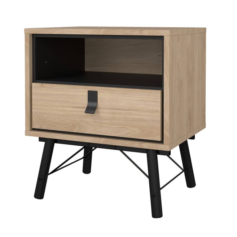 Comodino Christiane, Comò basso, Tavolino da notte, Mensola da letto, 40x53 h60 cm, Rovere