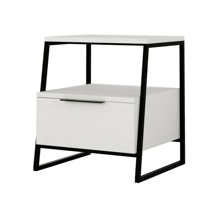 Comodino Dubhe, Comò basso, Tavolino da notte, Comodino multifunzione, 45x40h50 cm, Bianco