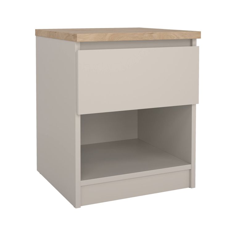 Comodino Ducenta, comò basso con 1 cassetto, tavolino da notte compatto e funzionale, 40x40 h50 cm, Beige