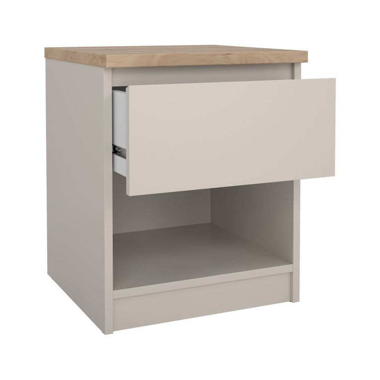 Comodino Ducenta, comò basso con 1 cassetto, tavolino da notte compatto e funzionale, 40x40 h50 cm, Beige