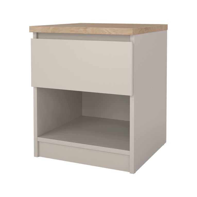Comodino Ducenta, comò basso con 1 cassetto, tavolino da notte compatto e funzionale, 40x40 h50 cm, Beige
