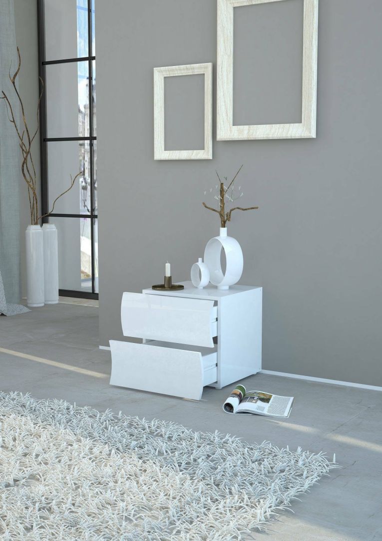 Comodino Edoardo, Tavolino da notte con 2 cassetti, Mobiletto per camera da letto, 100% Made in Italy, cm 50x40h41, Bianco lucido