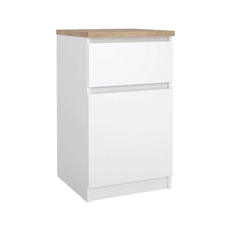 Comodino Francoise, Comò basso, Tavolino da notte, Mensola da letto, 40x40 h70 cm, Bianco e Rovere