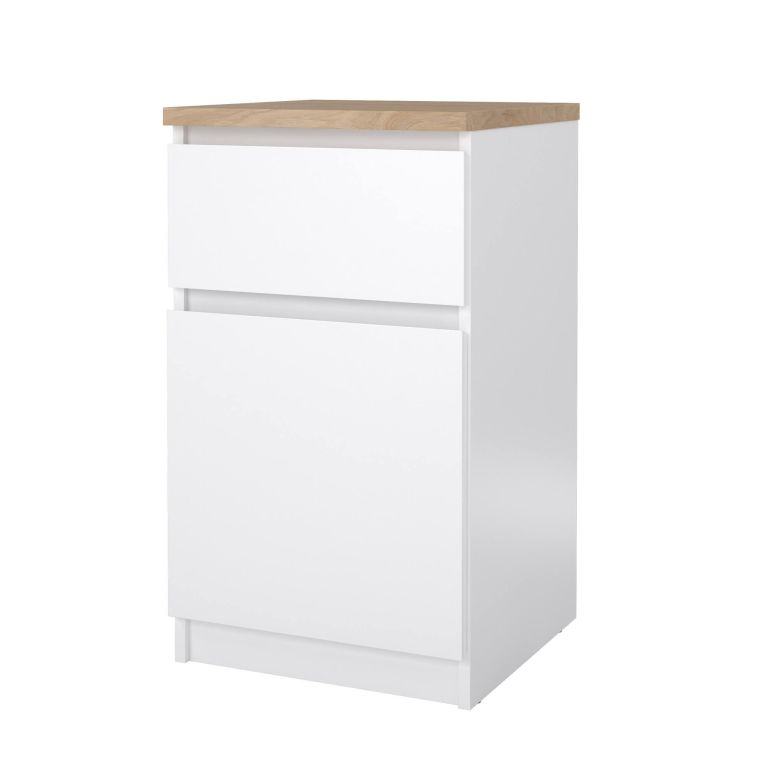 Comodino Francoise, Comò basso, Tavolino da notte, Mensola da letto, 40x40 h70 cm, Bianco e Rovere