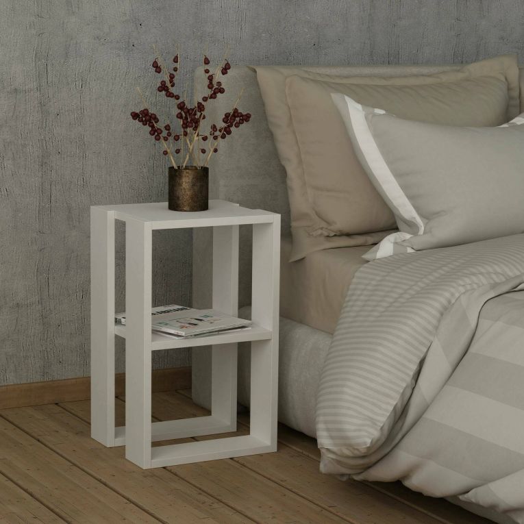 Comodino Imai, Comò basso, Tavolino da notte, Comodino multifunzione, 30x30h55 cm, Bianco