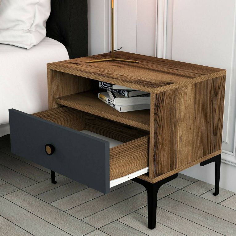 Comodino in legno e metallo noce e antracite 56x40x50h cm - Editta