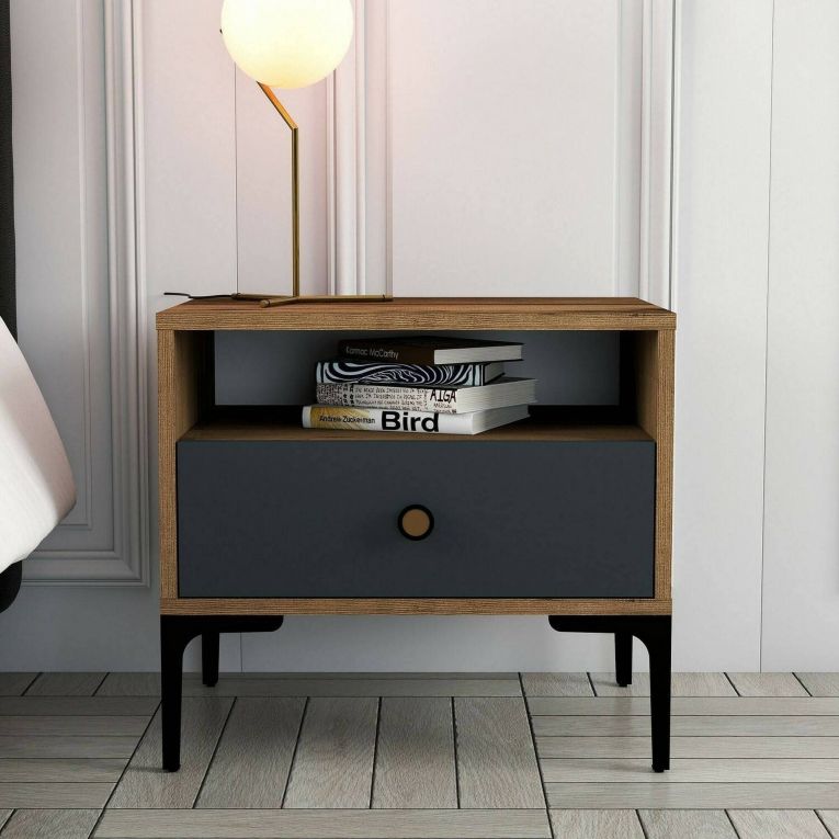 Comodino in legno e metallo noce e antracite 56x40x50h cm - Editta