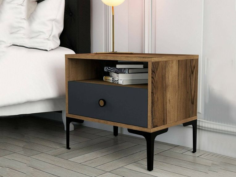 Comodino in legno e metallo noce e antracite 56x40x50h cm - Editta