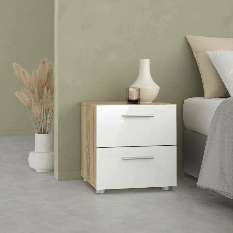 Comodino in legno quercia e bianco lucido 40x40x42h cm - Apolla