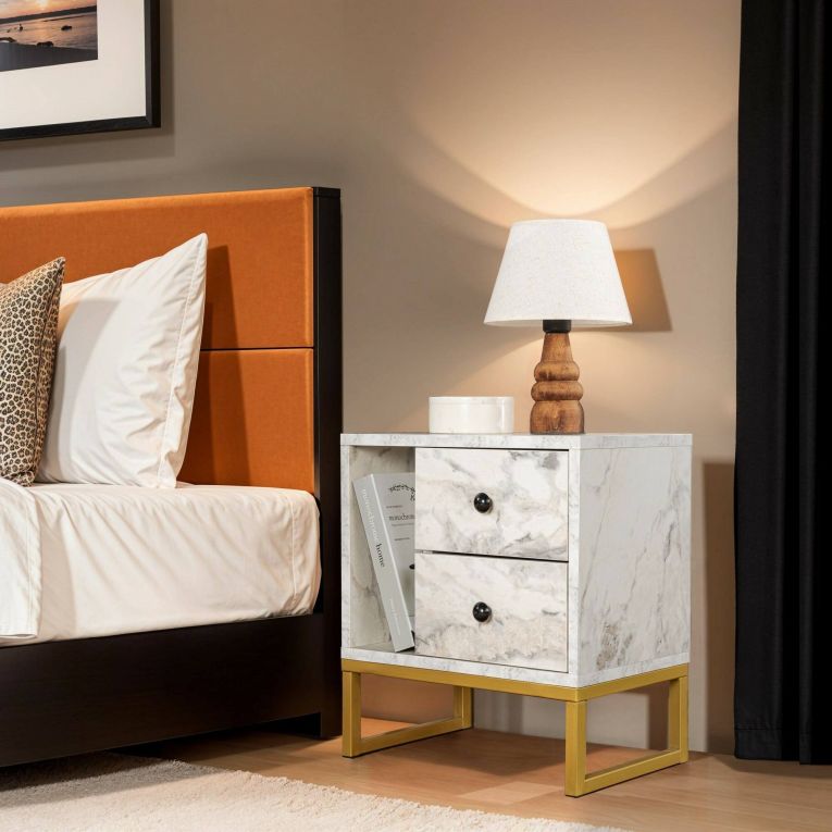 Comodino industrial marmo e oro 45x29x50h cm - Rhiannon