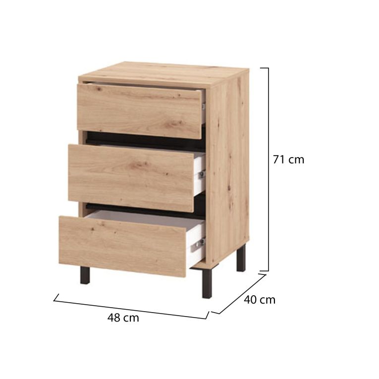 Comodino Marrone Nero un Ripiano 3 Cassetti 48x40x71h cm, Apertura Scorrevole - Combatte