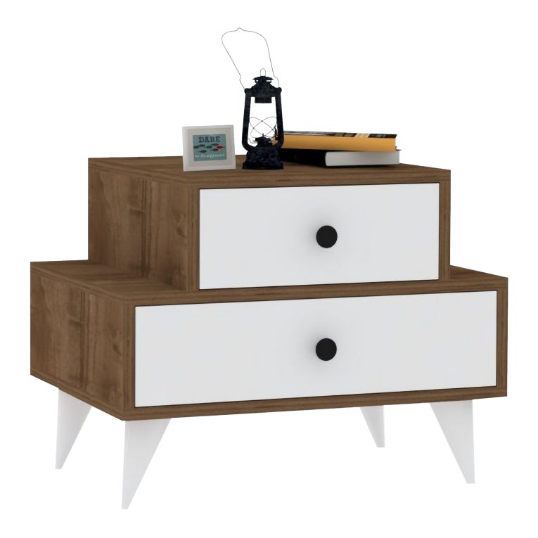 Comodino Marrone Noce Bianco 2 Cassetti Apertura Scorrevole 63x44x50h cm, Chiusura Scorrevole - Segni
