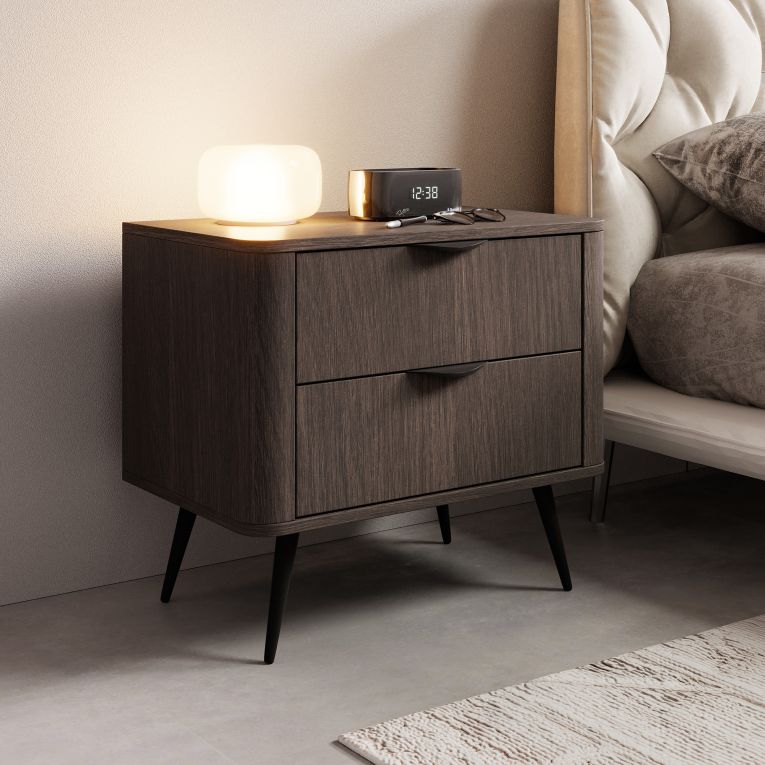 Comodino Marrone Noce Nero 2 Cassetti un Ripiano 63x38x55h cm, Apertura Scorrevole - Gasi