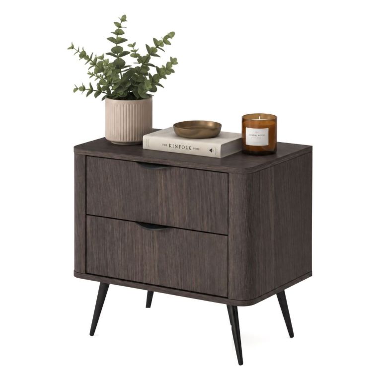 Comodino Marrone Noce Nero 2 Cassetti un Ripiano 63x38x55h cm, Apertura Scorrevole - Gasi