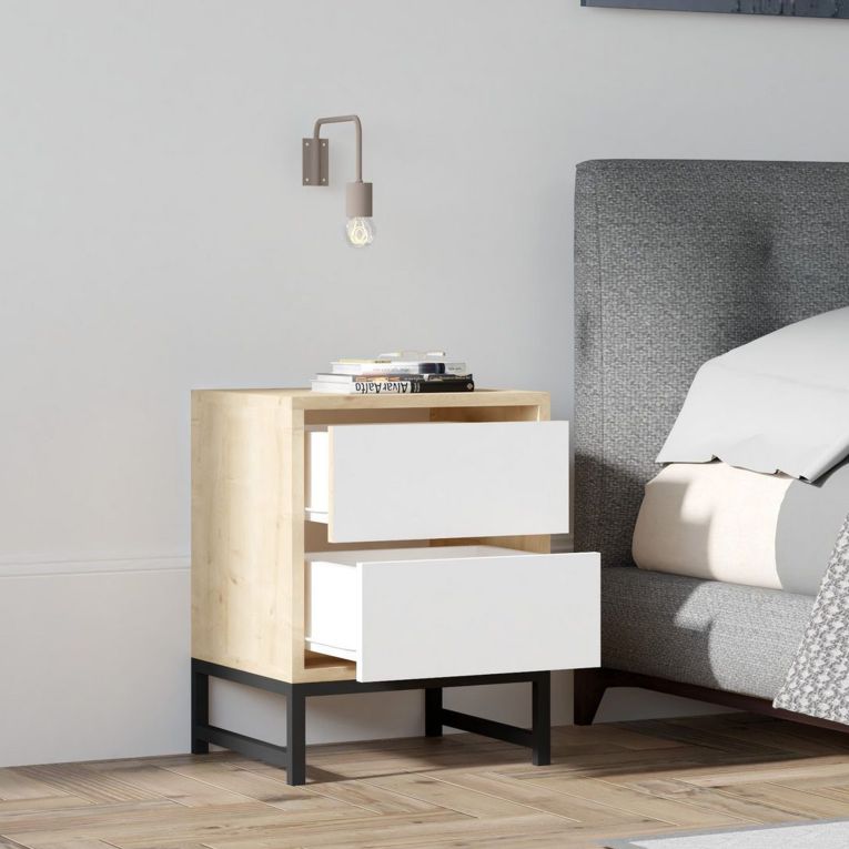 Comodino Marrone Rovere Bianco 2 Cassetti Apertura Scorrevole 40x40x55h cm, Chiusura Scorrevole - Collina