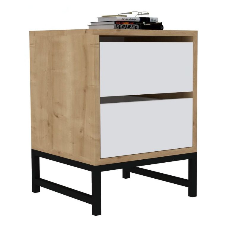 Comodino Marrone Rovere Bianco 2 Cassetti Apertura Scorrevole 40x40x55h cm, Chiusura Scorrevole - Collina