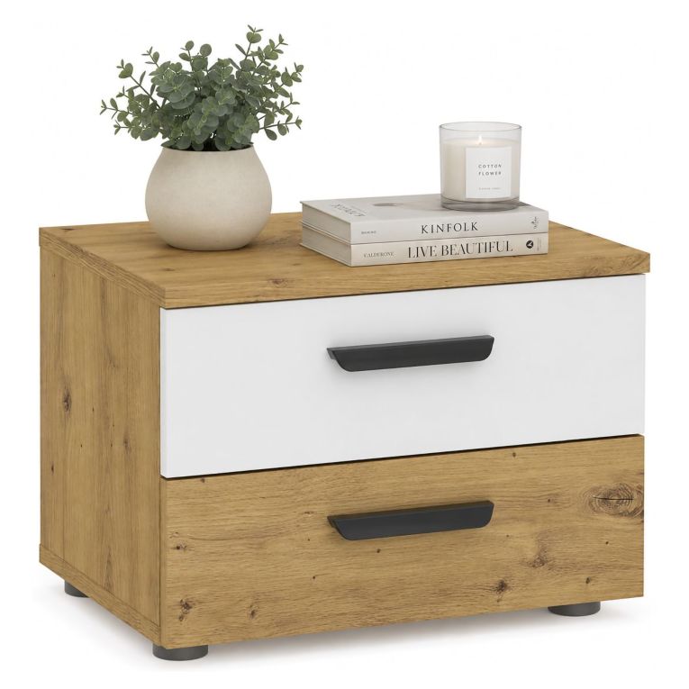 Comodino Marrone Rovere Bianco 2 Cassetti Apertura Scorrevole 45x35x33h cm, Chiusura Scorrevole - Lelisomi