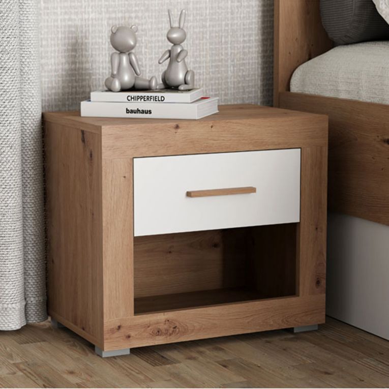 Comodino Marrone Rovere Bianco Opaco un Cassetto 2 Ripiani 52x35x47h cm, Apertura Scorrevole - Varkal